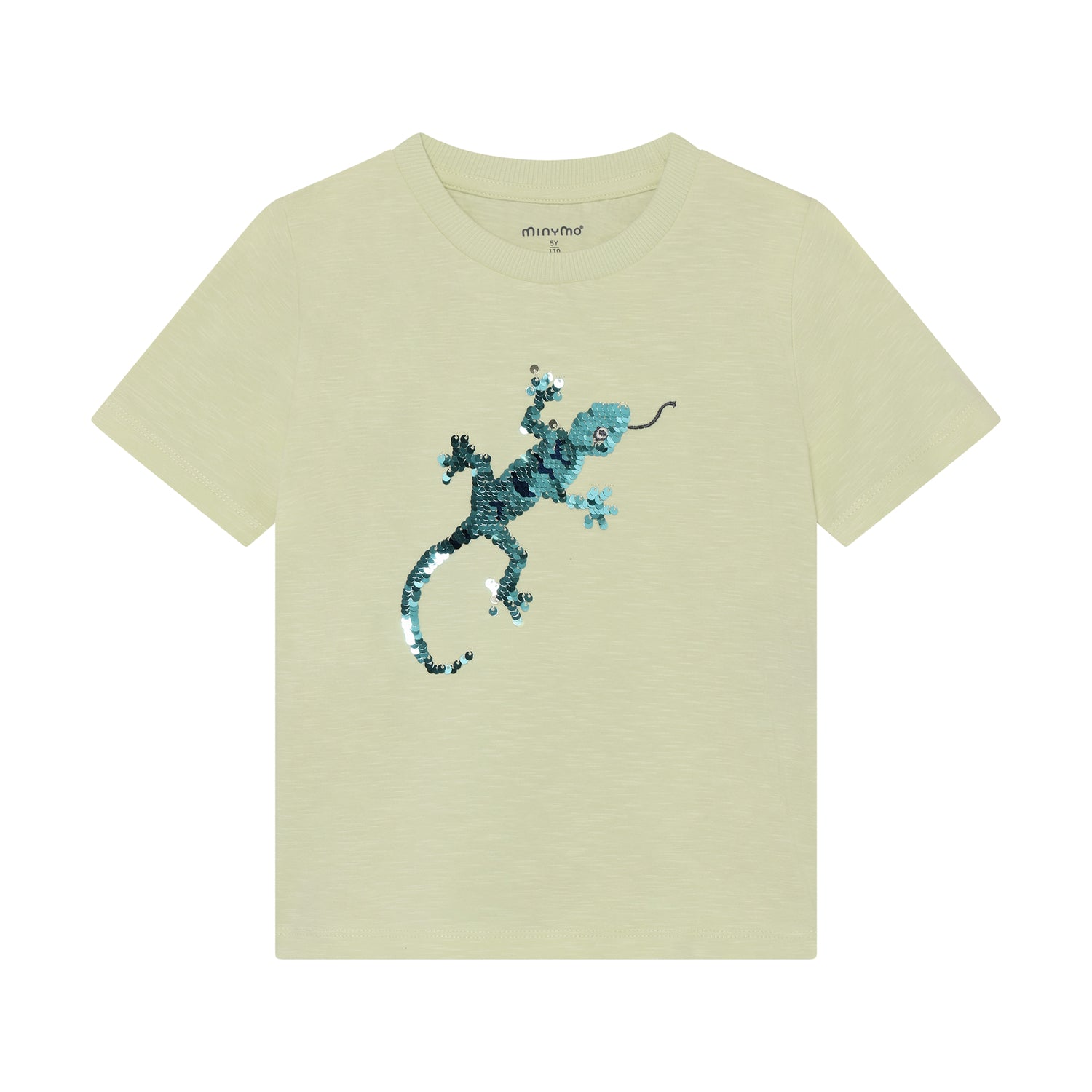 Minymo T-Shirt mit Eidechse aus Wendepailletten in Hellgrün, erhältlich im Bärechind Winterthur Zürich Schweiz.
