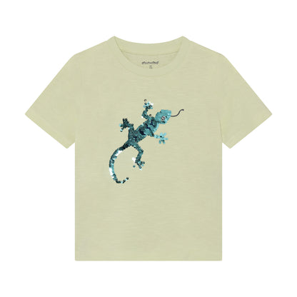 Minymo T-Shirt mit Eidechse aus Wendepailletten in Hellgrün, erhältlich im Bärechind Winterthur Zürich Schweiz.