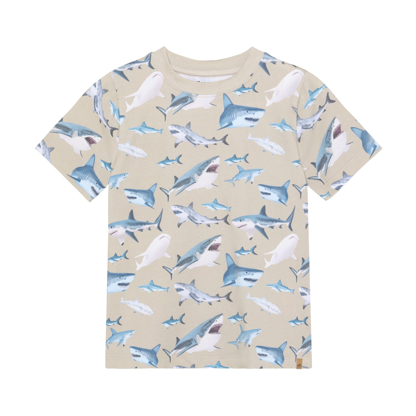 Minymo T-Shirt kurzarm mit Hai Allover Print in Sand, erhältlich im Bärechind Winterthur Zürich Schweiz.
