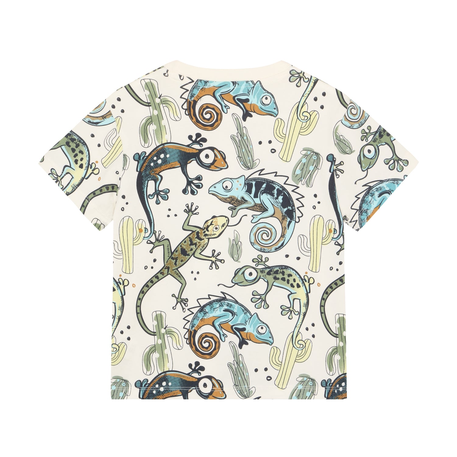 Rückansicht Minymo Kinder T-Shirt mit Reptilien Allover Print, nachhaltige Kindermode im Bärechind Winterthur Zürich Schweiz.