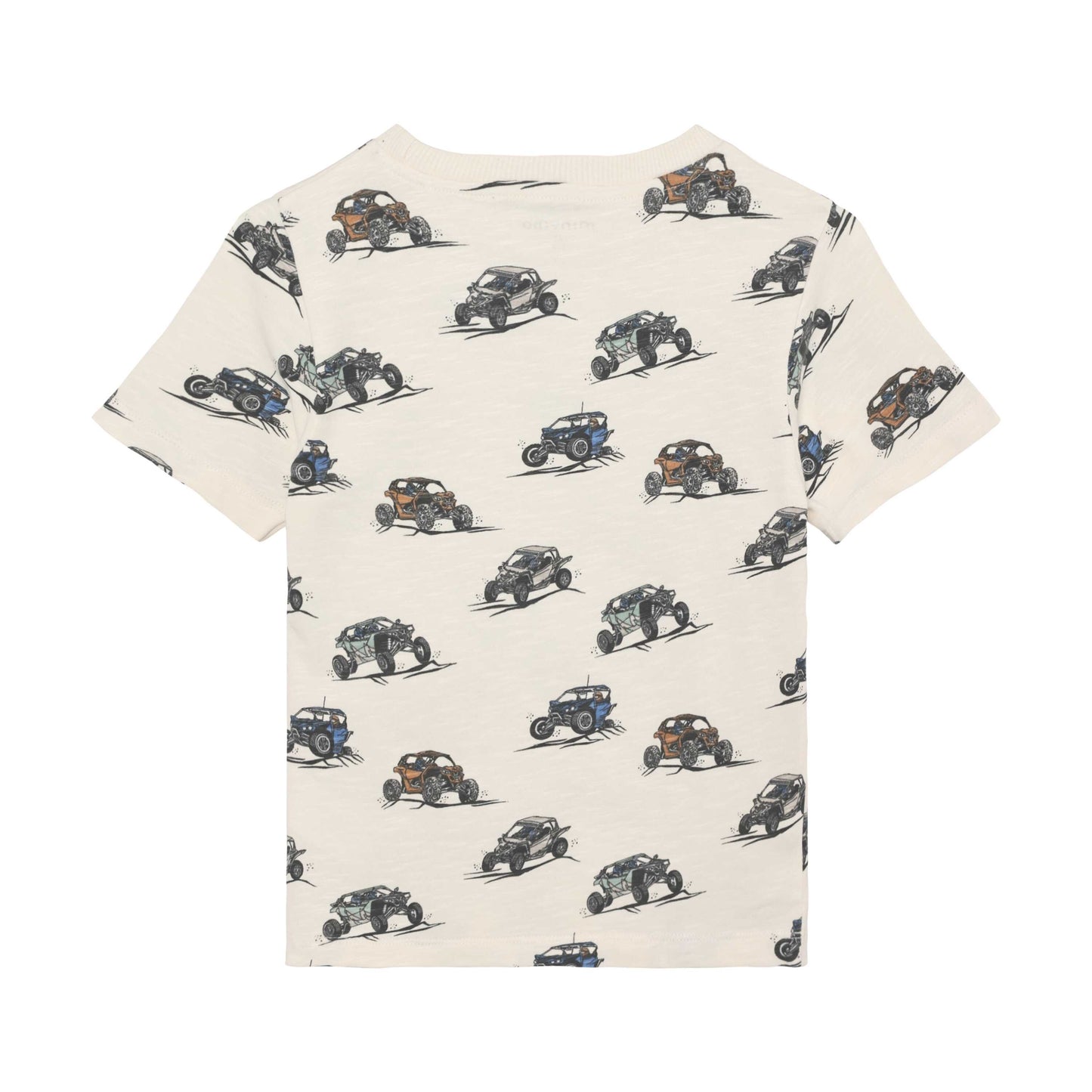 Rückseite vom Minymo T-Shirt mit Dirtbike-Print in Sand, nachhaltige Kindermode bei Bärechind Winterthur Zürich Schweiz