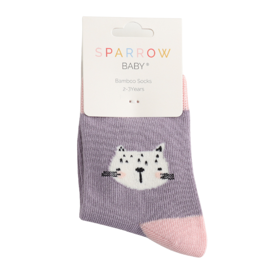 Miss Sparrow Bambus Socken Kinder mit Katzengesichtern in Lavendel