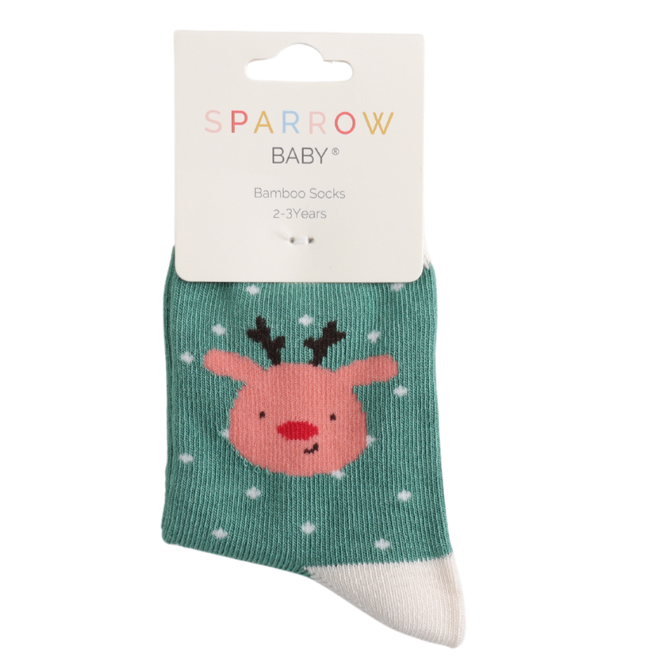 Miss Sparrow Bambus Socken Kinder mit Rentiermotiv in Grün
