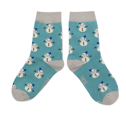 Miss Sparrow Bambus Socken Kinder mit Schneemännern in Petrol