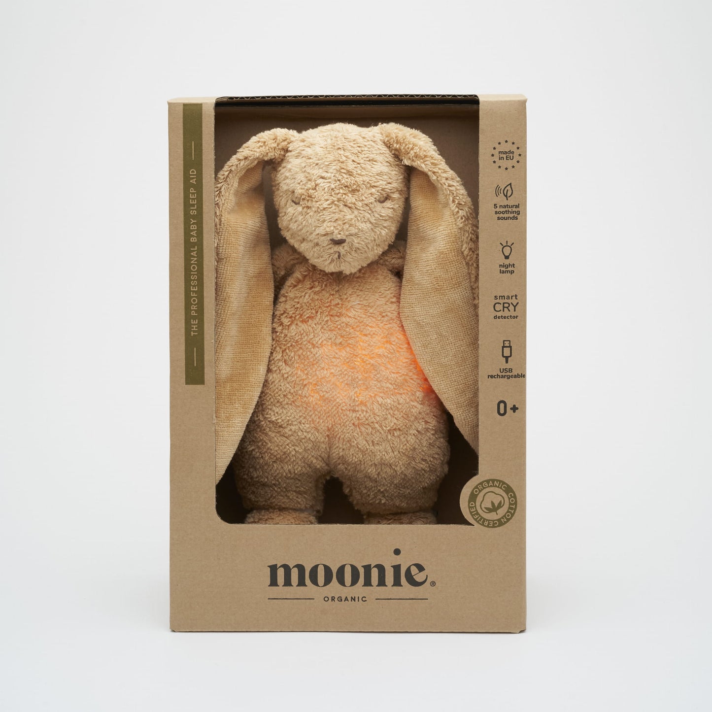 Moonie 2.0 Hase cappuccino in stilvoller Verpackung – perfektes Geschenk für Babys mit Schlafhilfe-Funktion, Naturklängen und beruhigendem Licht. Jetzt in Winterthur, Zürich, Schweiz verfügbar.