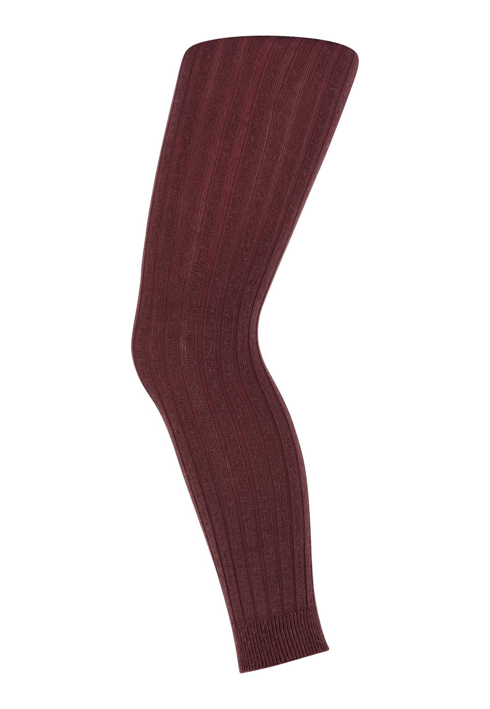 Dunkelrote Wollleggings aus mulesingfreier Merinowolle von MP Denmark mit feiner Rippenstruktur in der Farbe Grape Skin, erhältlich im Bärechind Winterthur.