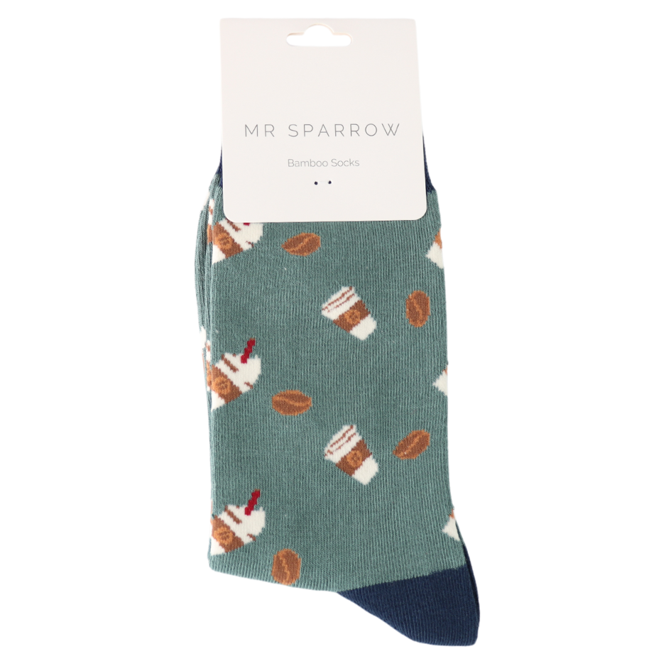 Mr Sparrow Bambus Socken für Herren mit Kaffee Motiv in Grün, Grösse 40 bis 45, bei Bärechind in Winterthur, Schweiz