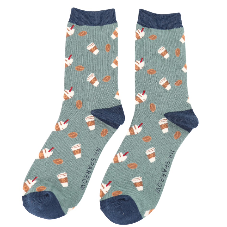 Grüne Mr Sparrow Herrensocken aus Bambus mit Kaffeebechern und Kaffeebohnen, erhältlich bei Bärechind Winterthur, Schweiz