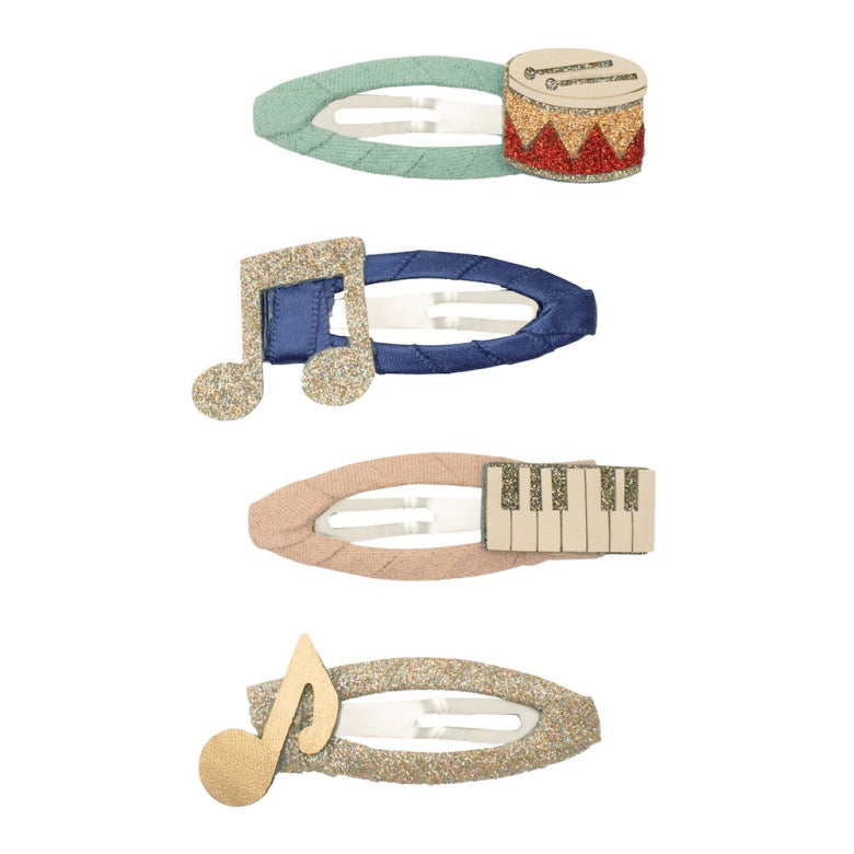 Set Musik Haarclips mit Noten, Trommel und Klavier in Glitzer-Optik von Mimi & Lula, erhältlich im Bärechind Winterthur, Zürich Schweiz.