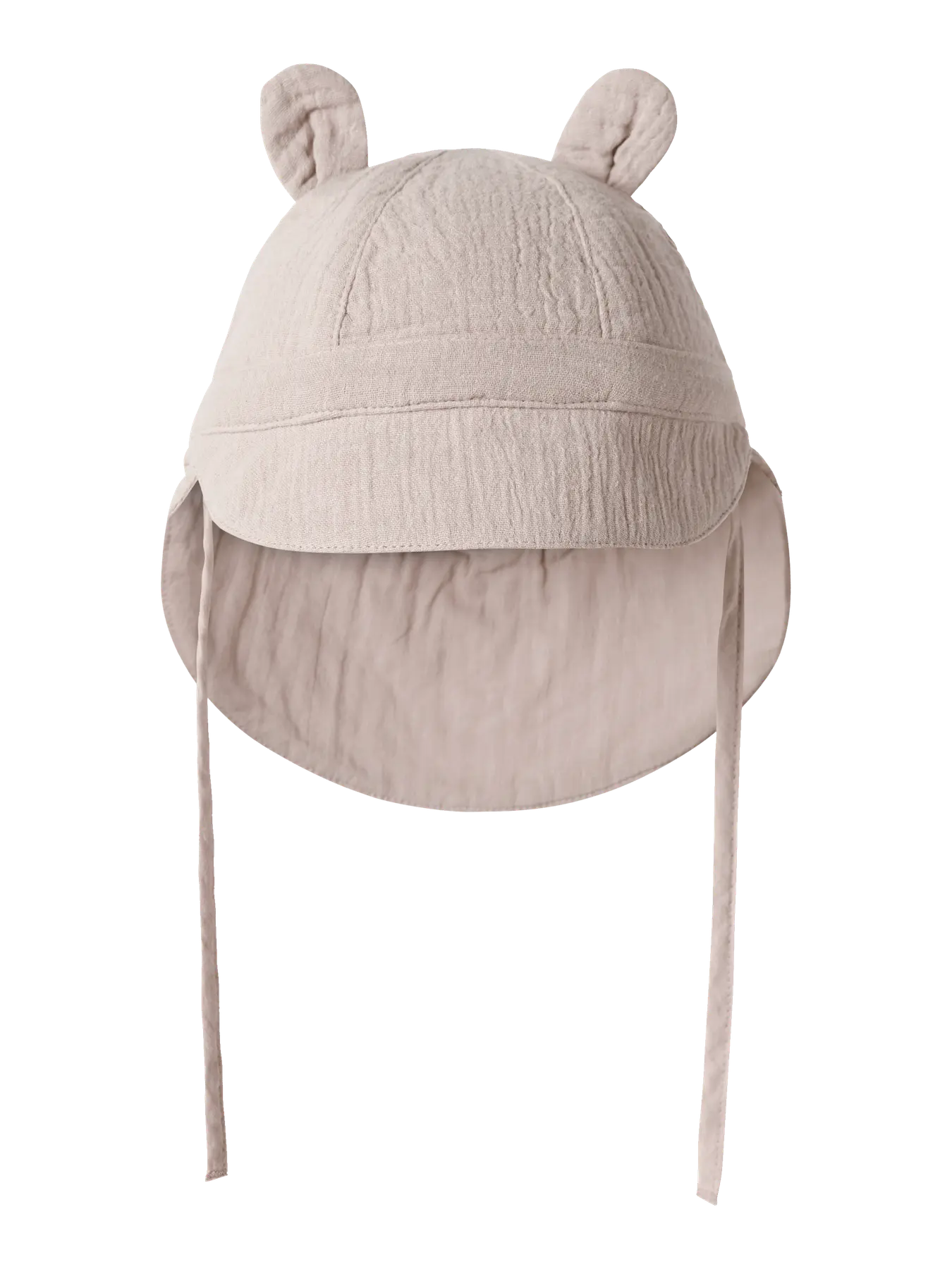 Musselin Baby Mütze aus Baumwolle mit Ohren und Nackenschutz in Beige zu kaufen im Bärechind Winterthur Zürich Schweiz.