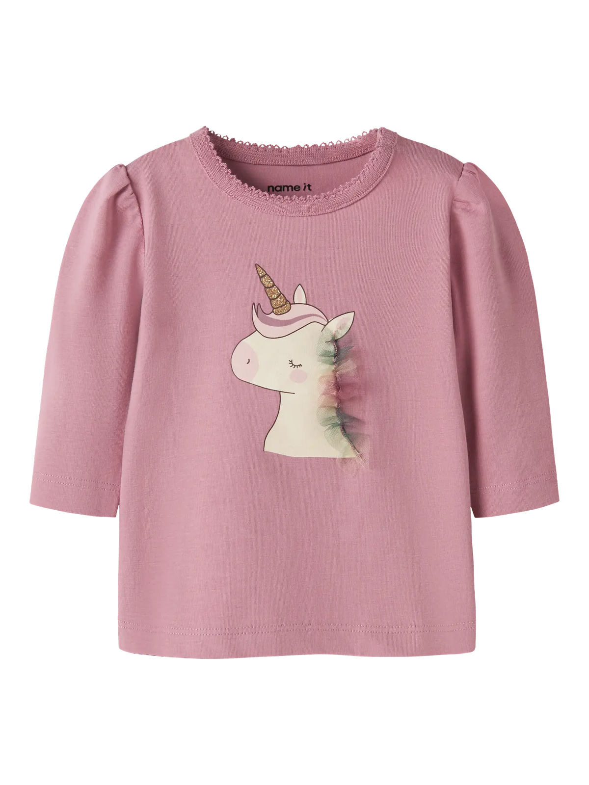 NAME IT Langarmshirt in Altrosa mit Einhornmotiv auf der Vorderseite.
