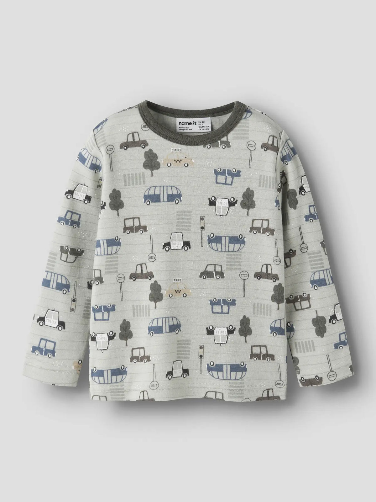 Name It Merino Langarmshirt in Hellgrau, Vorderansicht mit Autoprint
