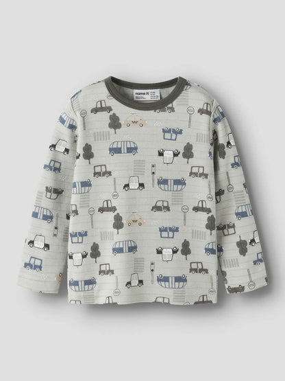 Name It Merino Langarmshirt in Hellgrau, Vorderansicht mit Autoprint