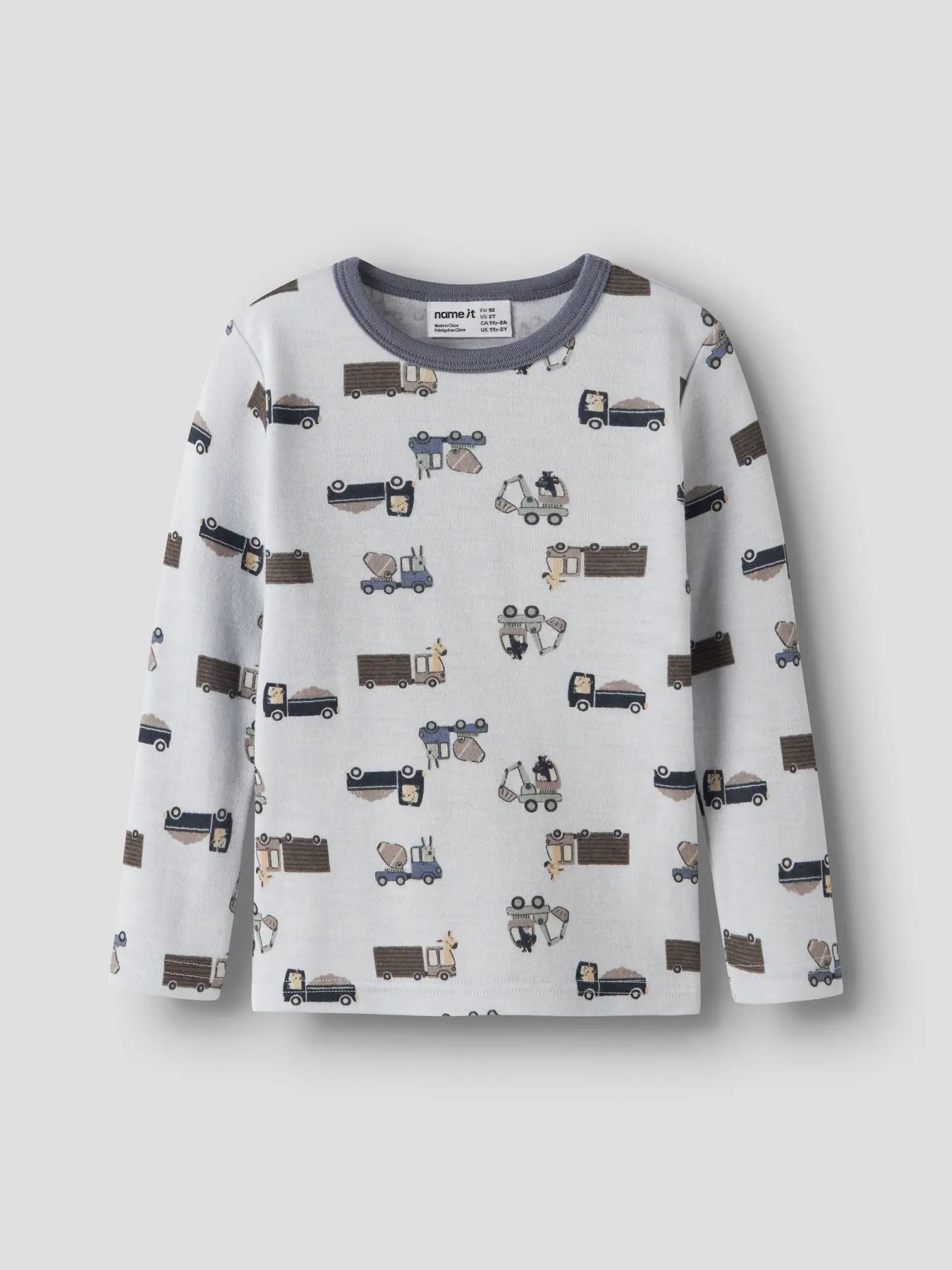 Name It Merino Langarmshirt in Arctic Ice, Vorderansicht mit Baustellenprint