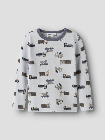 Name It Merino Langarmshirt in Arctic Ice, Vorderansicht mit Baustellenprint