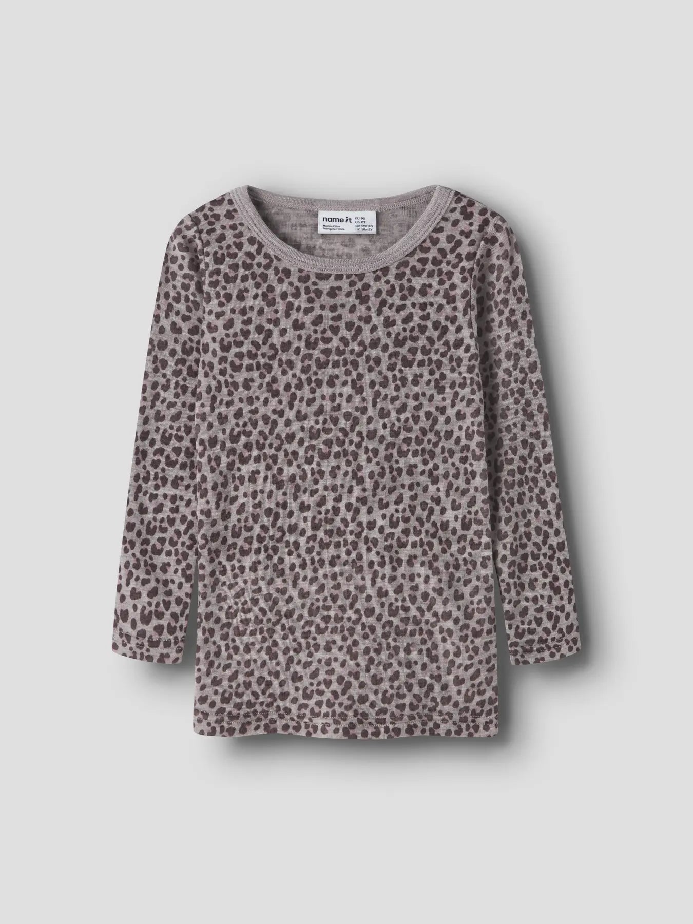 Name It Merino Langarmshirt mit Leopardenprint in der Farbe Satellite, Vorderansicht