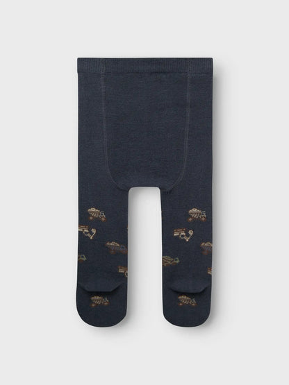 Die blaue Merino-Strumpfhose mit süssem Fahrzeugdesign ist von Name it und in Winterthur erhältlich.