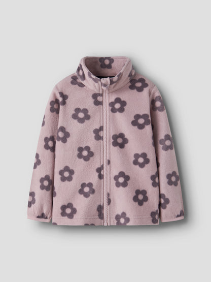 Name It Fleecejacke mit Blumenprint in Altrosa, Vorderansicht mit hohem Kragen