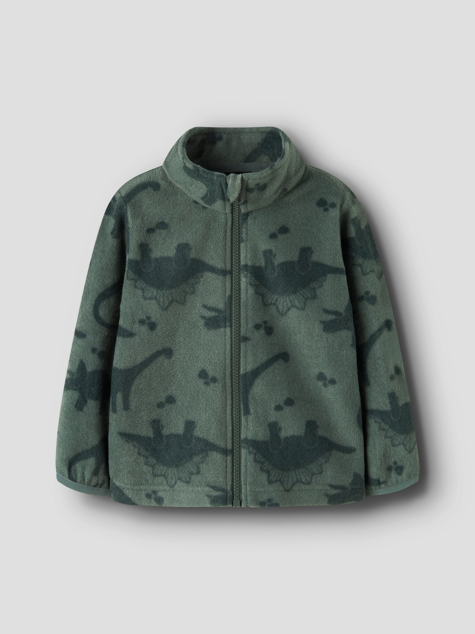 Name It Fleecejacke mit Dinoprint in Waldgrün, Vorderansicht mit hohem Kragen