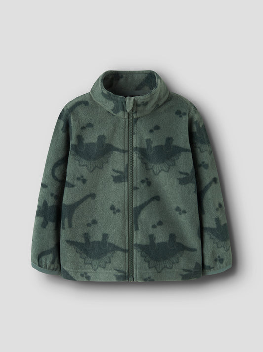 Name It Fleecejacke mit Dinoprint in Waldgrün, Vorderansicht mit hohem Kragen