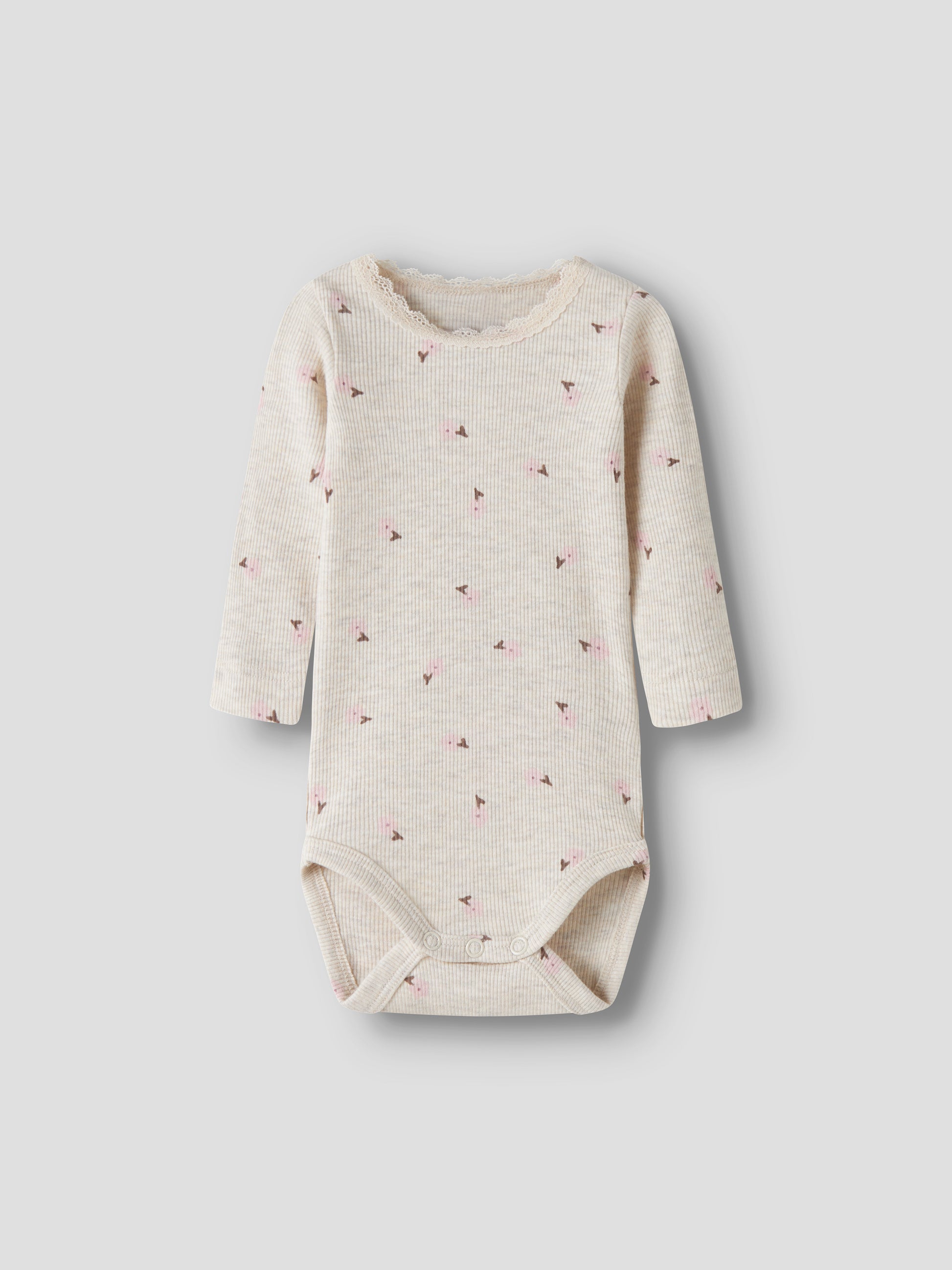 NAME IT Langarm Ripp Body aus Baumwolle und TENCEL™ Lyocell in Creme mit rosa Blumenprint und Spitzenkragen für Babys