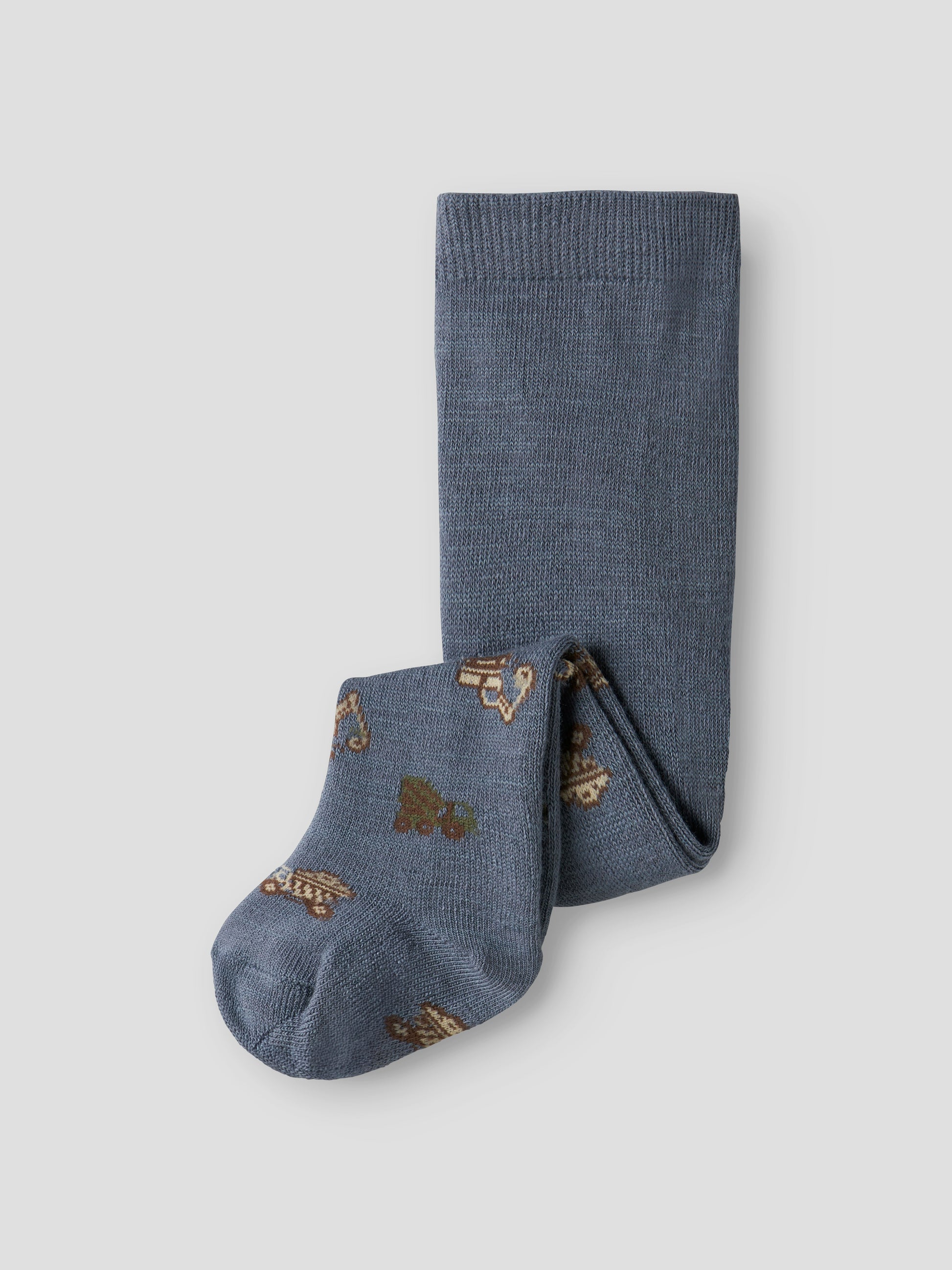 Vorderansicht der NAME IT Strumpfhose mit Fahrzeugmuster, jeansblau, Bärechind Winterthur, Zürich Schweiz.