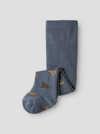 Vorderansicht der NAME IT Strumpfhose mit Fahrzeugmuster, jeansblau, Bärechind Winterthur, Zürich Schweiz.