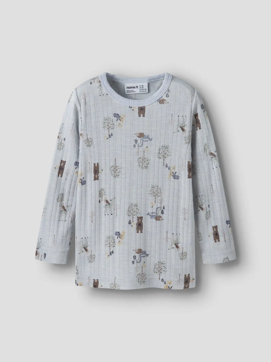 Name it Merino Langarmshirt mit Waldtier-Motiv in Arctic Ice, Vorderansicht