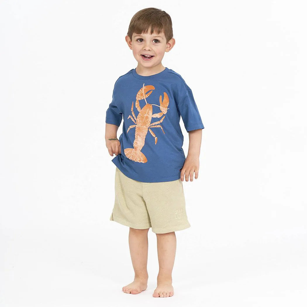 Kind trägt das OSWIN Shirt, Lobster von Sense Organics, aus GOTS-zertifizierter Bio-Baumwolle mit Hummer-Print, nachhaltig & bequem