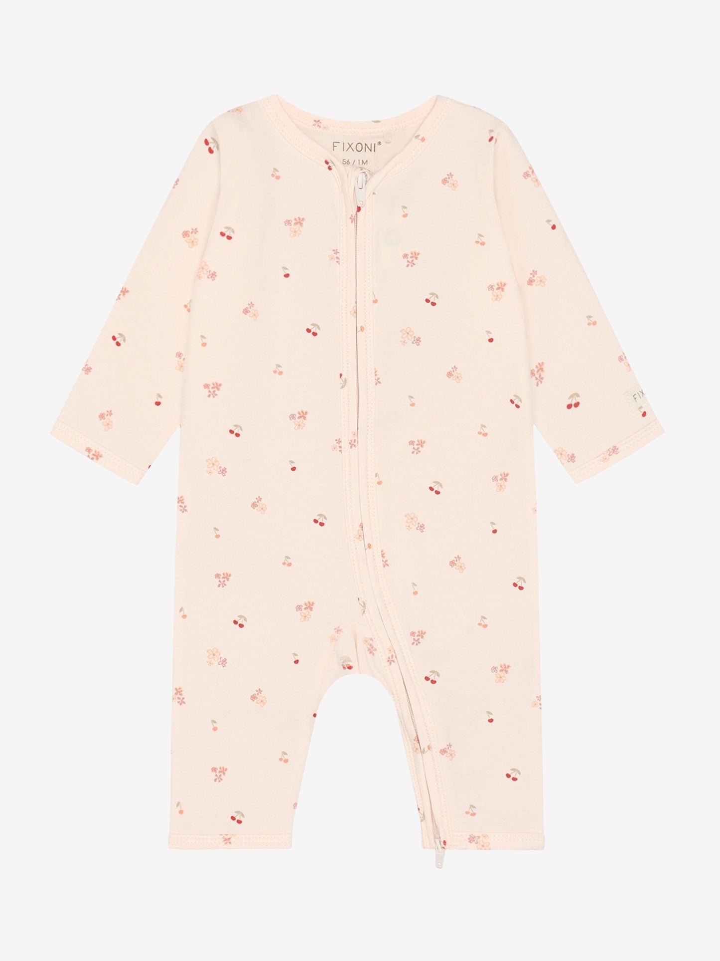Cremefarbener Baby Overall aus Baumwolle mit Kirschmuster von FIXONI, erhältlich im Bärechind Kinderladen Winterthur Zürich Schweiz