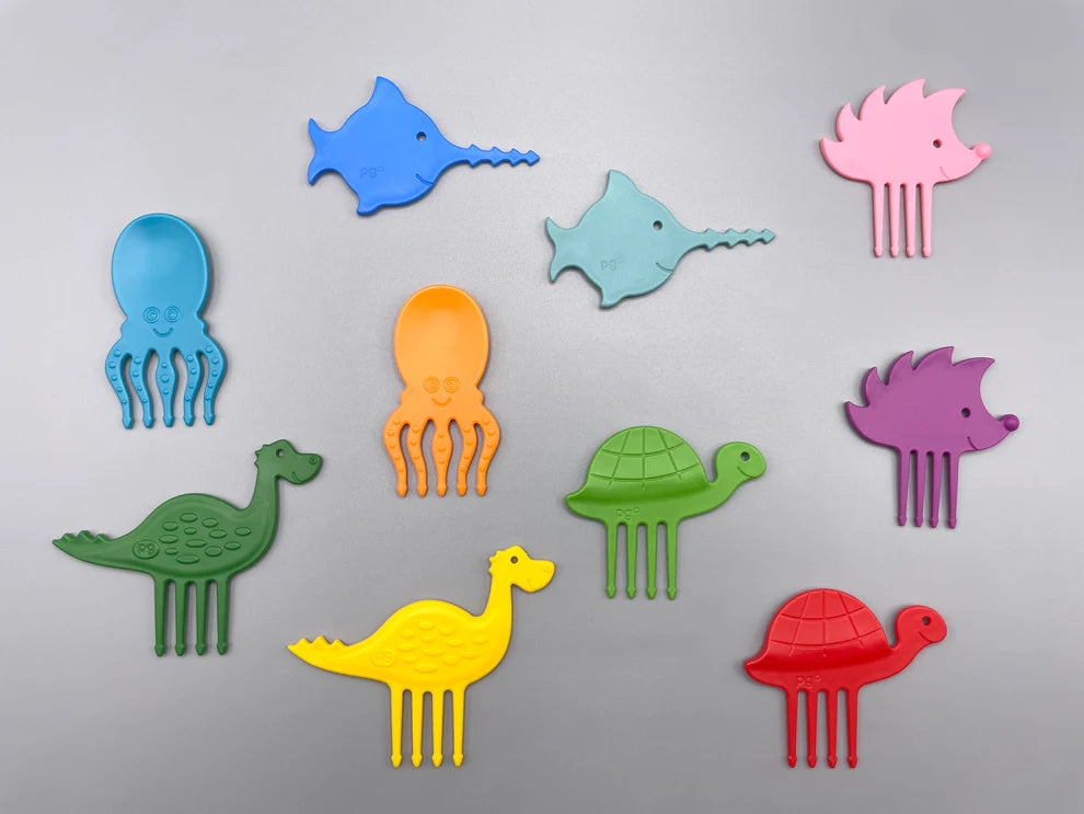 Pieksi Snackgabeln in Tierform (Igel, Schildkröte, Dino, Sägefisch, Tintenfisch) – plastikfrei, kindgerecht & BPA-frei, online bei Bärechind Winterthur, Zürich, Schweiz erhältlich