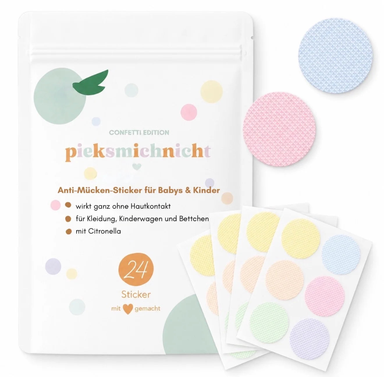 Pieksmichnicht pflanzliche Anti-Mücken Sticker mit Confetti Motiv, erhältlich bei Bärechind