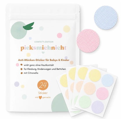 Pieksmichnicht pflanzliche Anti-Mücken Sticker mit Confetti Motiv, erhältlich bei Bärechind