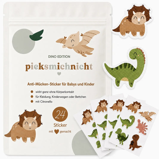 Pieksmichnicht pflanzliche Anti-Mücken Sticker mit Dino Motiv, erhältlich bei Bärechind
