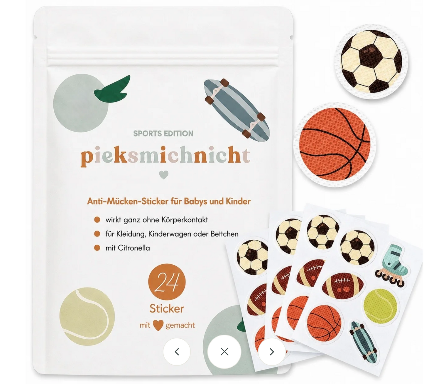 Pieksmichnicht pflanzliche Anti-Mücken Sticker mit Sport Motiv, erhältlich bei Bärechind