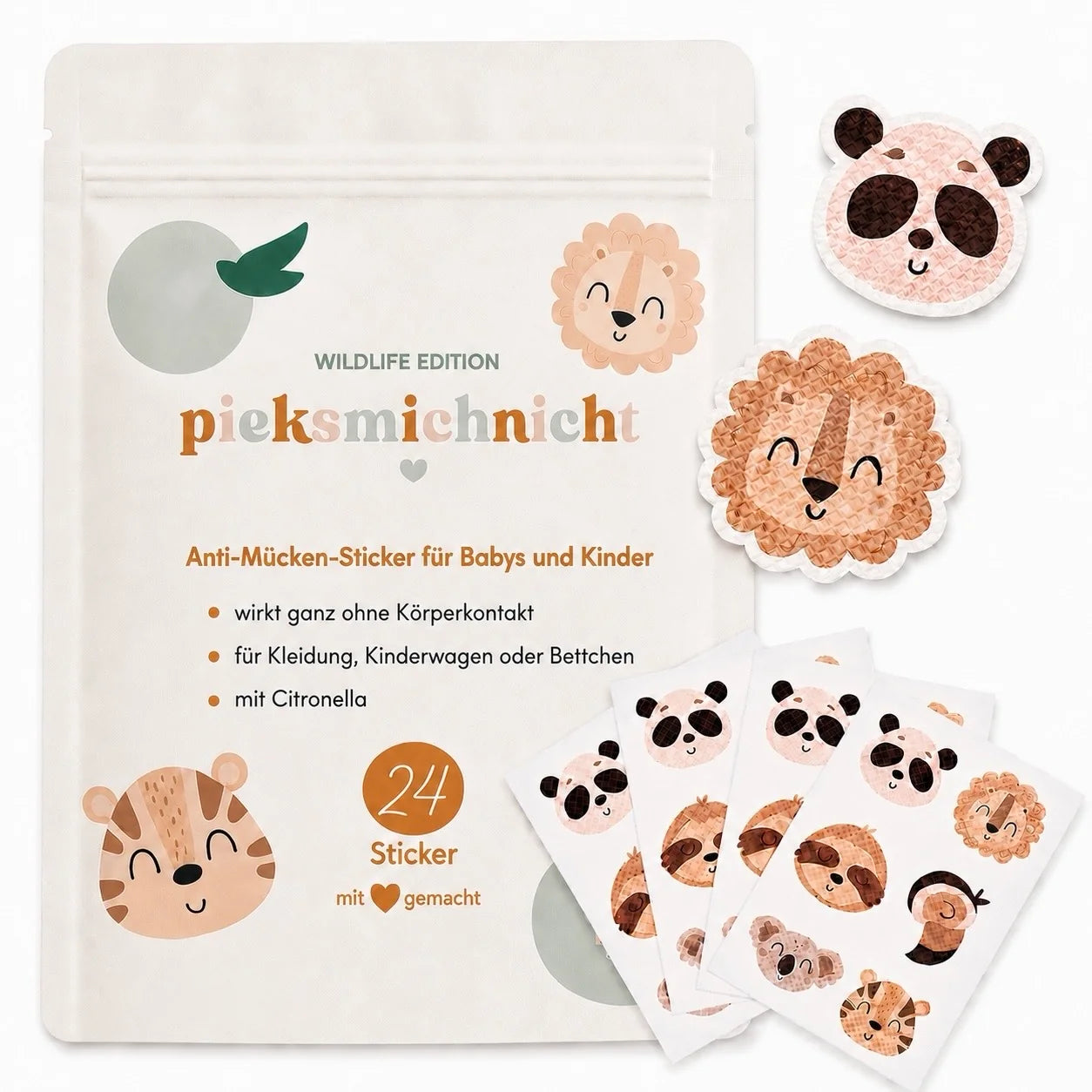 Pieksmichnicht pflanzliche Anti-Mücken Sticker mit Wildlife Motiv, erhältlich bei Bärechind