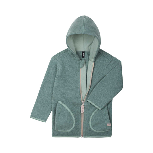Mini-Jacke aus Baumwoll-Fleece in Salbei mit Kapuze von Pure Pure by Bauer – nachhaltige Kinderjacke in Winterthur, Zürich, Schweiz.