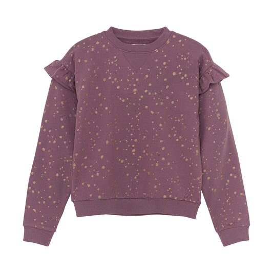 Creamie Sweatshirt in Lila mit goldenen Glitzerpunkten und Rüschen an den Schultern. Perfekt für Kinder in Winterthur, Zürich, Schweiz.