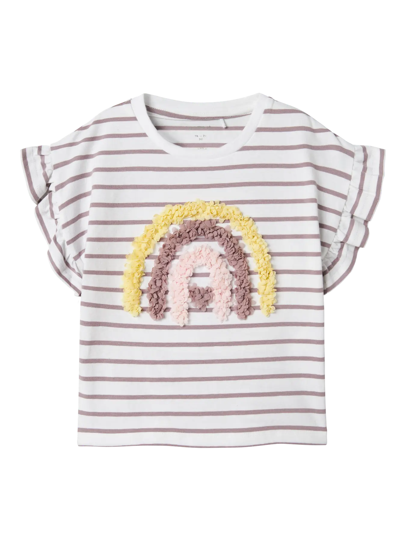 Gestreiftes Kinder T-Shirt von name it mit Regenbogen-Print und Rüschenärmeln – Vorderansicht