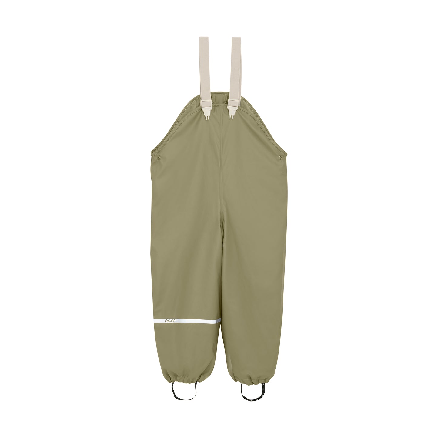 Gefütterte Regenhose CeLaVi in Olivgrün für Kinder, Vorderseite, erhältlich im Bärechind Winterthur Zürich Schweiz.