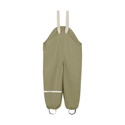 Gefütterte Regenhose CeLaVi in Olivgrün für Kinder, Vorderseite, erhältlich im Bärechind Winterthur Zürich Schweiz.