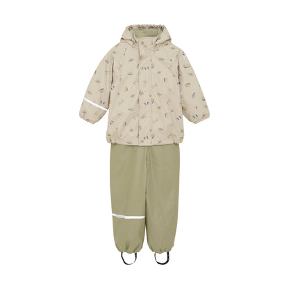 Beige CeLaVi Regenlatzhose für Kinder mit Trägern, erhältlich im Bärechind Winterthur Zürich.Schweiz.