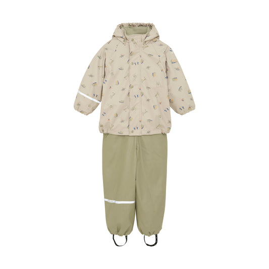 Beige CeLaVi Regenlatzhose für Kinder mit Trägern, erhältlich im Bärechind Winterthur Zürich.Schweiz.
