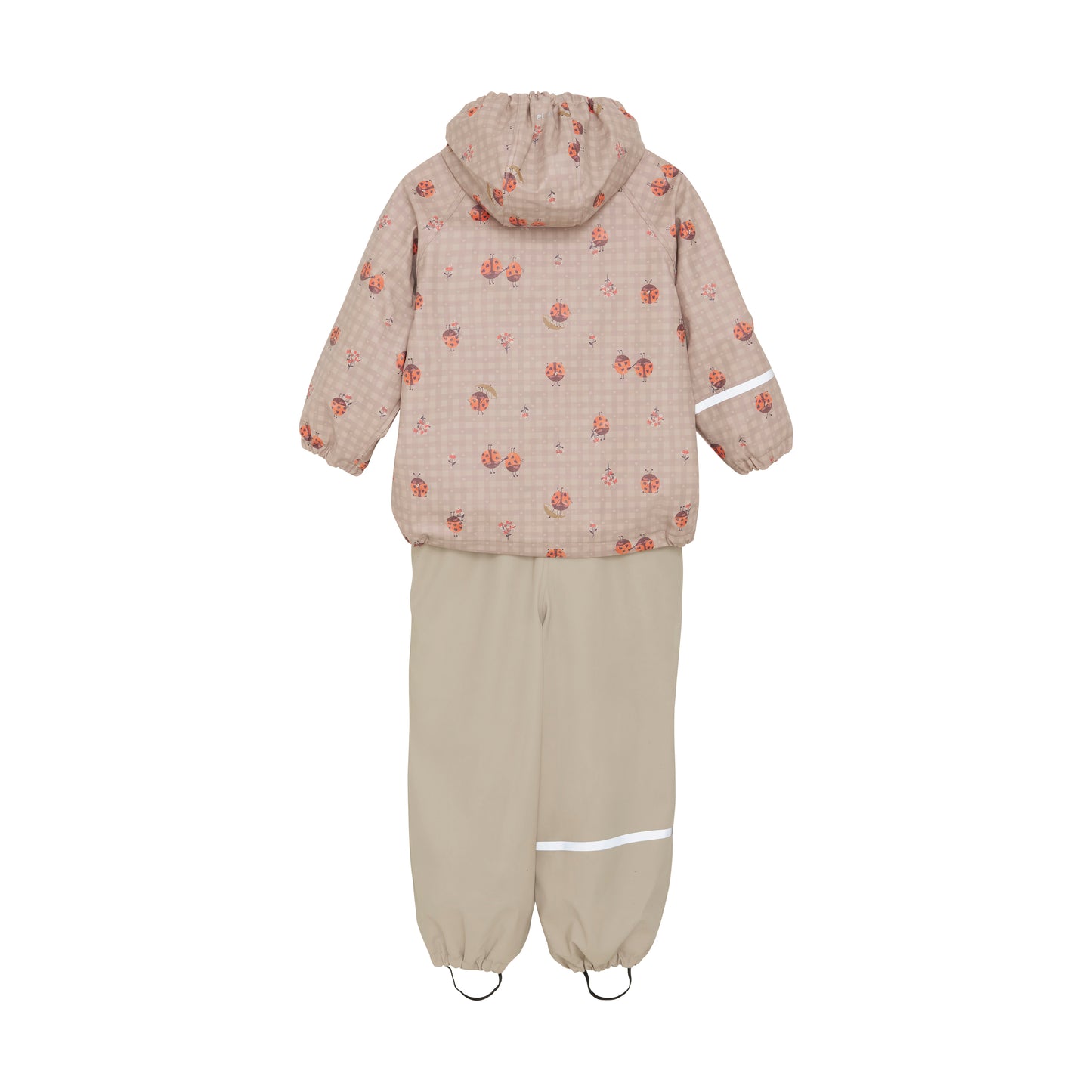 Rückseite CeLaVi Regenoverall beige mit Marienkäfer-Print für Kinder, erhältlich im Bärechind Winterthur Zürich Schweiz.
