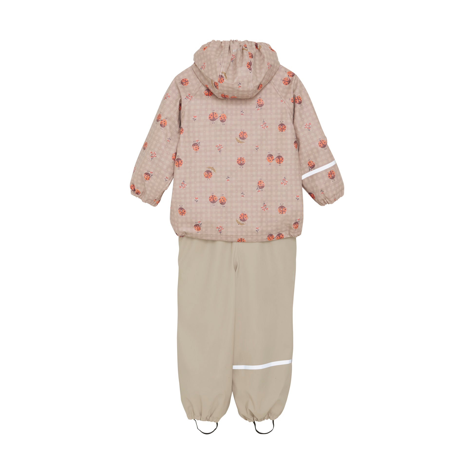 Rückseite CeLaVi Regenoverall beige mit Marienkäfer-Print für Kinder, erhältlich im Bärechind Winterthur Zürich Schweiz.