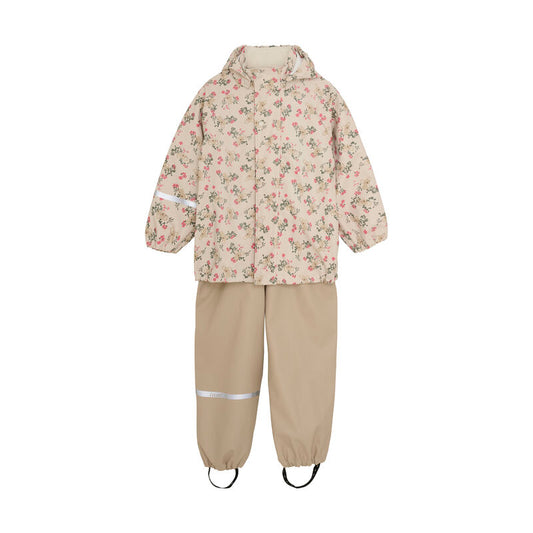 Regenset von CeLaVi mit floral gemusterter Jacke und beiger Hose, wasserdicht und nachhaltig, Vorderansicht.
