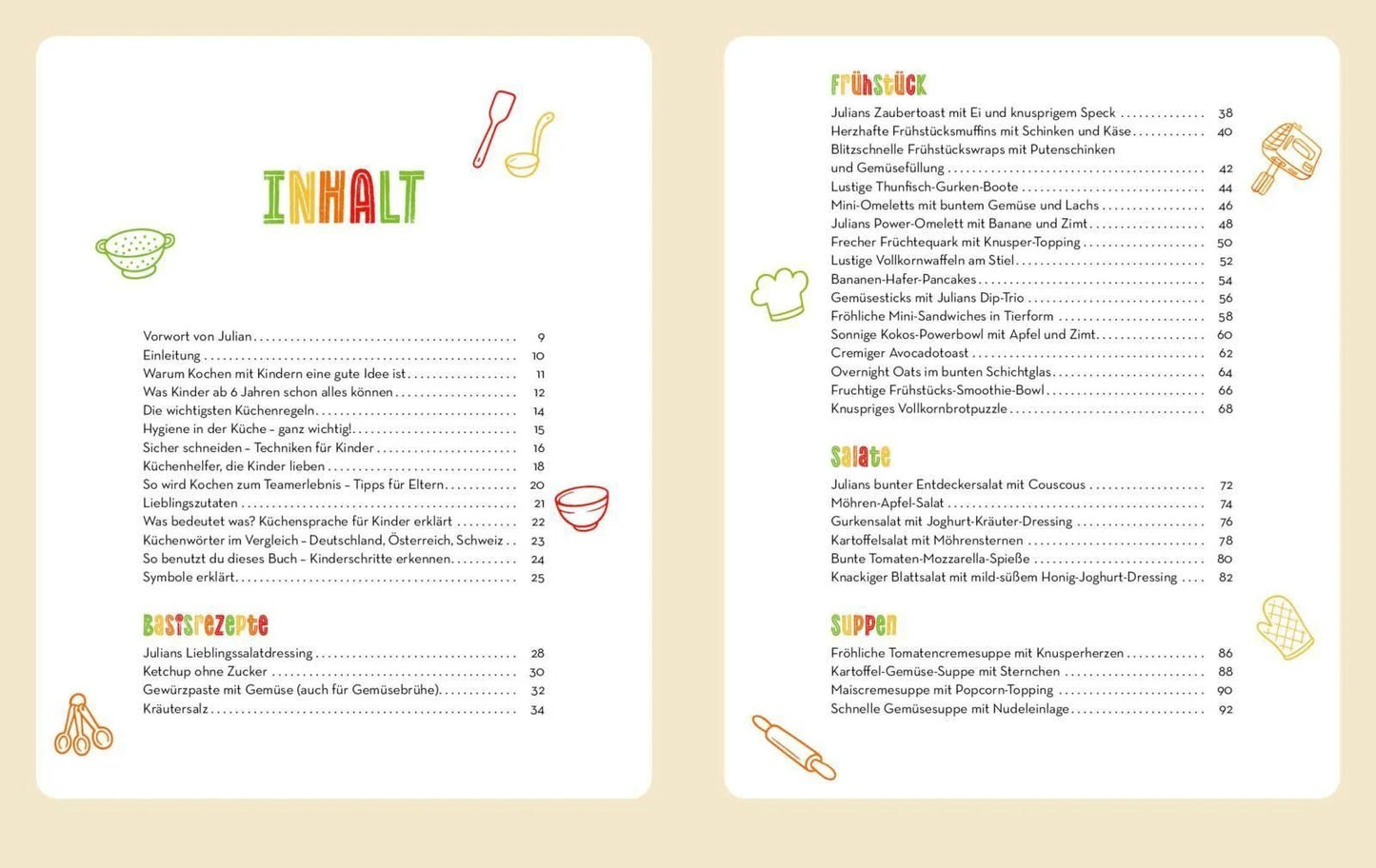 Inhaltsverzeichnis mit den 80 Rezepten aus dem Kinderkochbuch Ich will mitkochen
