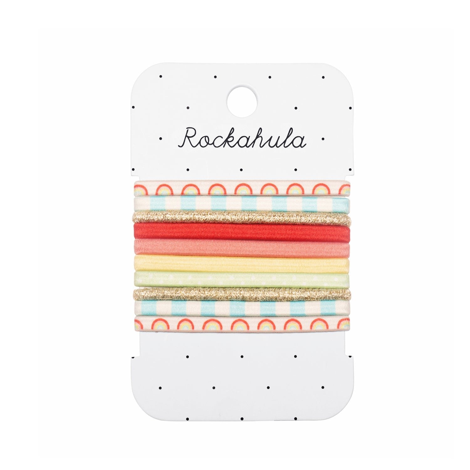 Rockahula Haargummi-Set mit Regenbogen-Design, präsentiert auf einer dekorativen Verpackung