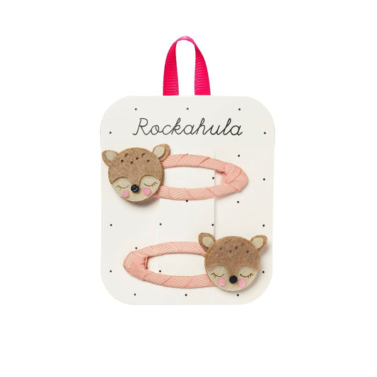 Rockahula Haarspangen mit Reh-Motiv in Rosa und Braun – erhältlich bei Bärechind in Winterthur, Zürich, Schweiz.