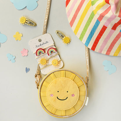 Rockahula Haarspangen mit Sonnenschein-Design und glitzernden Ripsband-Strahlen, Nahaufnahme